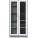 Glass door office filing cabinet with shelves for document storage