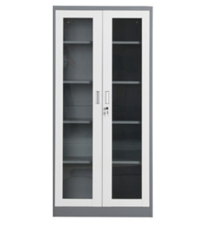 Glass door office filing cabinet with shelves for document storage