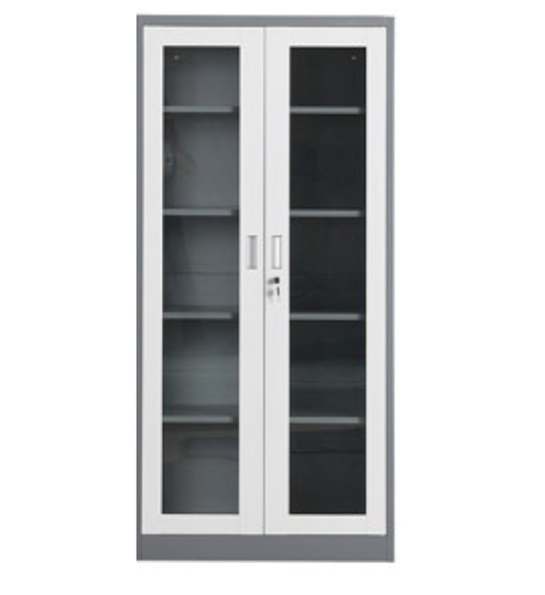 Glass door office filing cabinet with shelves for document storage