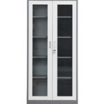 Glass door office filing cabinet with shelves for document storage