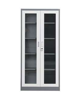 Glass door office filing cabinet with shelves for document storage