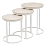 Modern set of three round nesting coffee tables with light wood tops and white metal frames