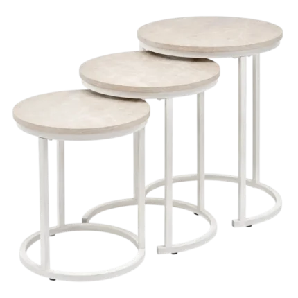 Modern set of three round nesting coffee tables with light wood tops and white metal frames