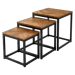 Square nesting coffee table set of three with industrial metal frames for living room