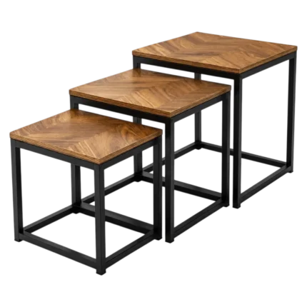 Square nesting coffee table set of three with industrial metal frames for living room