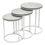 Round nesting side table set of three with white marble-style tops and silver metal frames