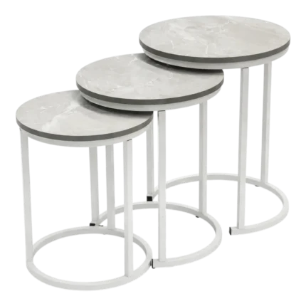 Round nesting side table set of three with white marble-style tops and silver metal frames