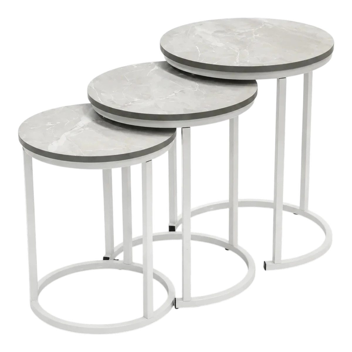 Raziri_Product_247 (13) Round nesting side table set of three with white marble-style tops and silver metal frames
