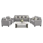Grey linen fabric living room furniture set with 3-seater sofa, loveseat and armchairs