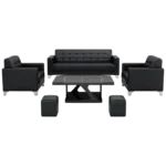 Black leather office sofa set with 3-seater sofa, loveseat, and single armchairs