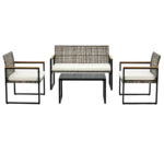 Outdoor patio furniture set with wood table and beige cushions for garden