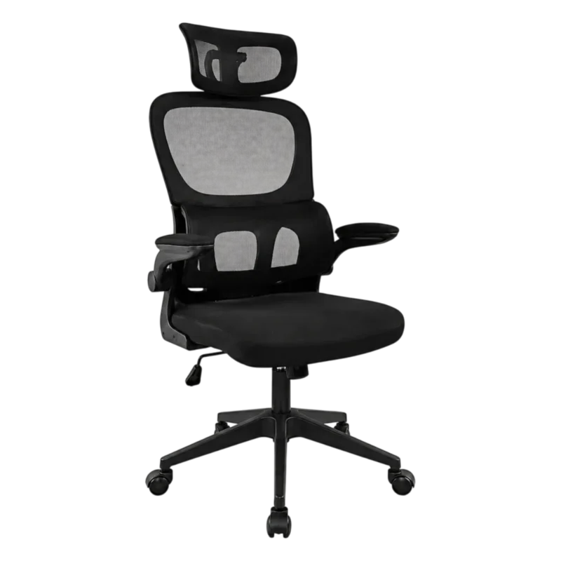 Black ergonomic mesh office chair with adjustable headrest and lumbar support