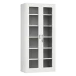 White steel cabinet with glass doors for office storage