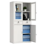 Steel storage cabinet with glass doors and lockable drawers