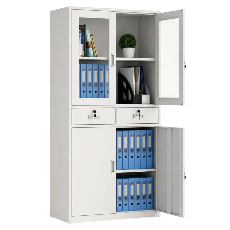 Steel storage cabinet with glass doors and lockable drawers