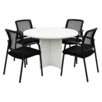 White circular meeting table with arrowhead legs