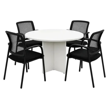 White circular meeting table with arrowhead legs