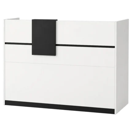 White and black reception counter with cash drawer and shelves